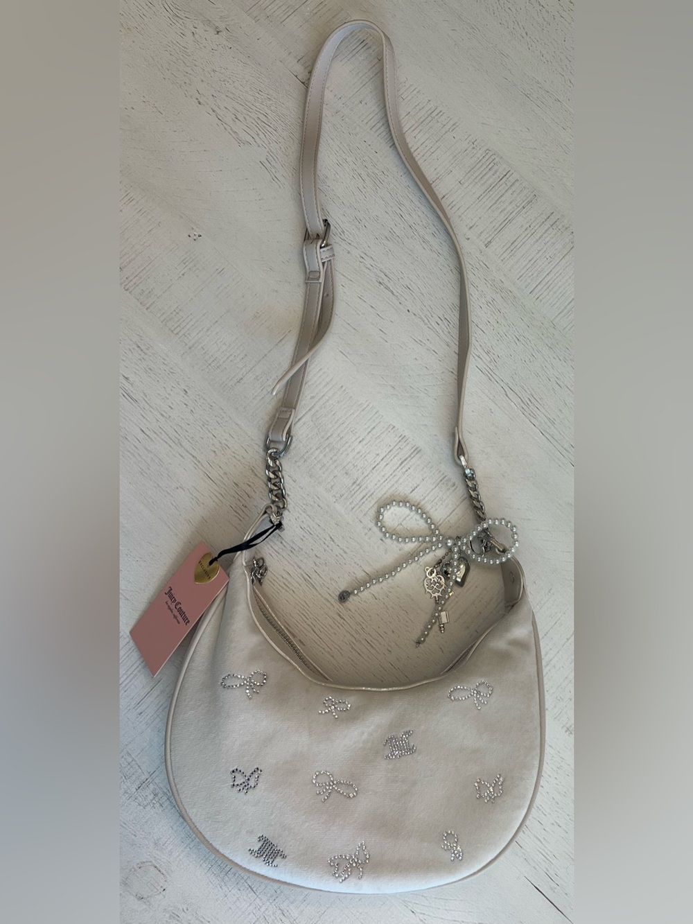 Juicy Couture Cream Pearl-Embellished Shoulder Bag